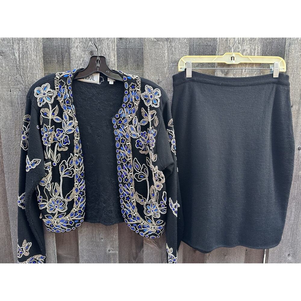 Vintage 1990s Alinoral Embellished Cardigan (Large) and Skirt (Medium) Set